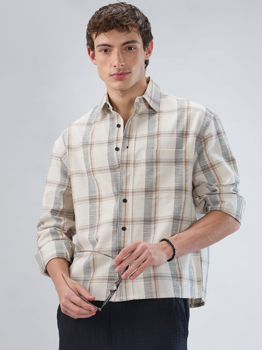 Ivory & Beige Windowpane Checks Boxy Fit Crop Shirt
