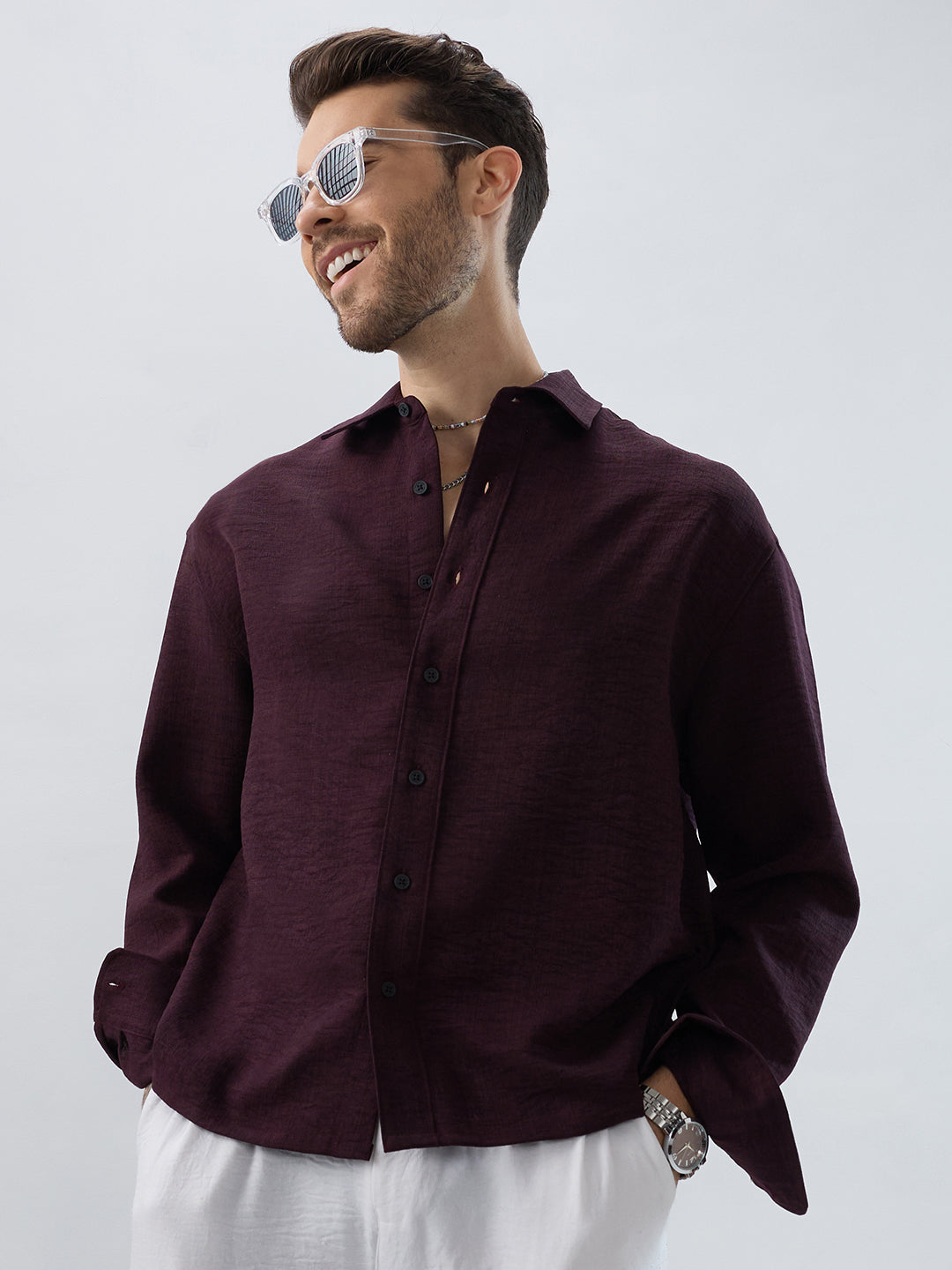 Rich Wine Slub Textured Boxy Fit Crop Shirt