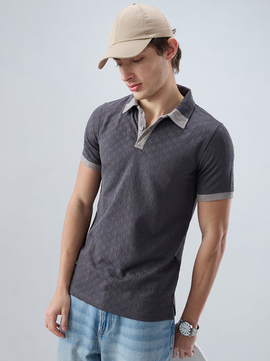 Charcoal Grey Textured Contrast Polo Neck Knit T-shirt
