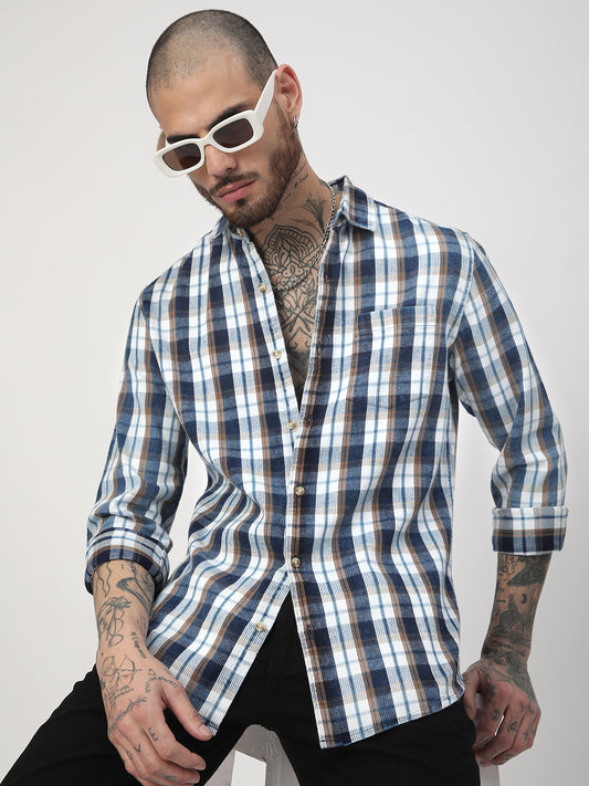Denim White & Navy Plaid Checks Shirt