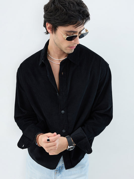 Timeless Black Corduroy Boxy Fit Crop Shirt