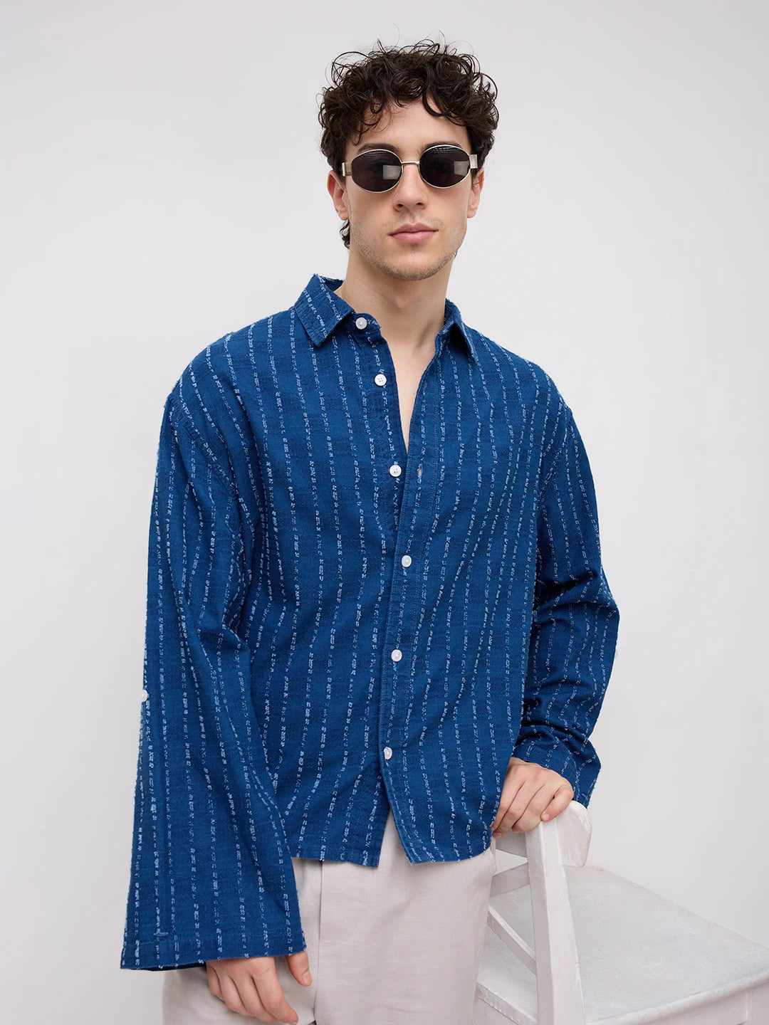 Luxe Denim Fine Textured Cuffless Oversized Crop Shirt