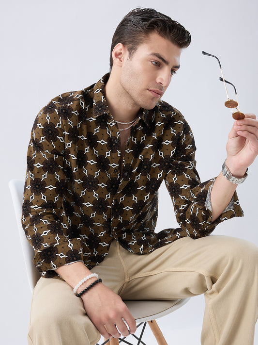 Coffee Brown Floral Bloom Corduroy Shirt