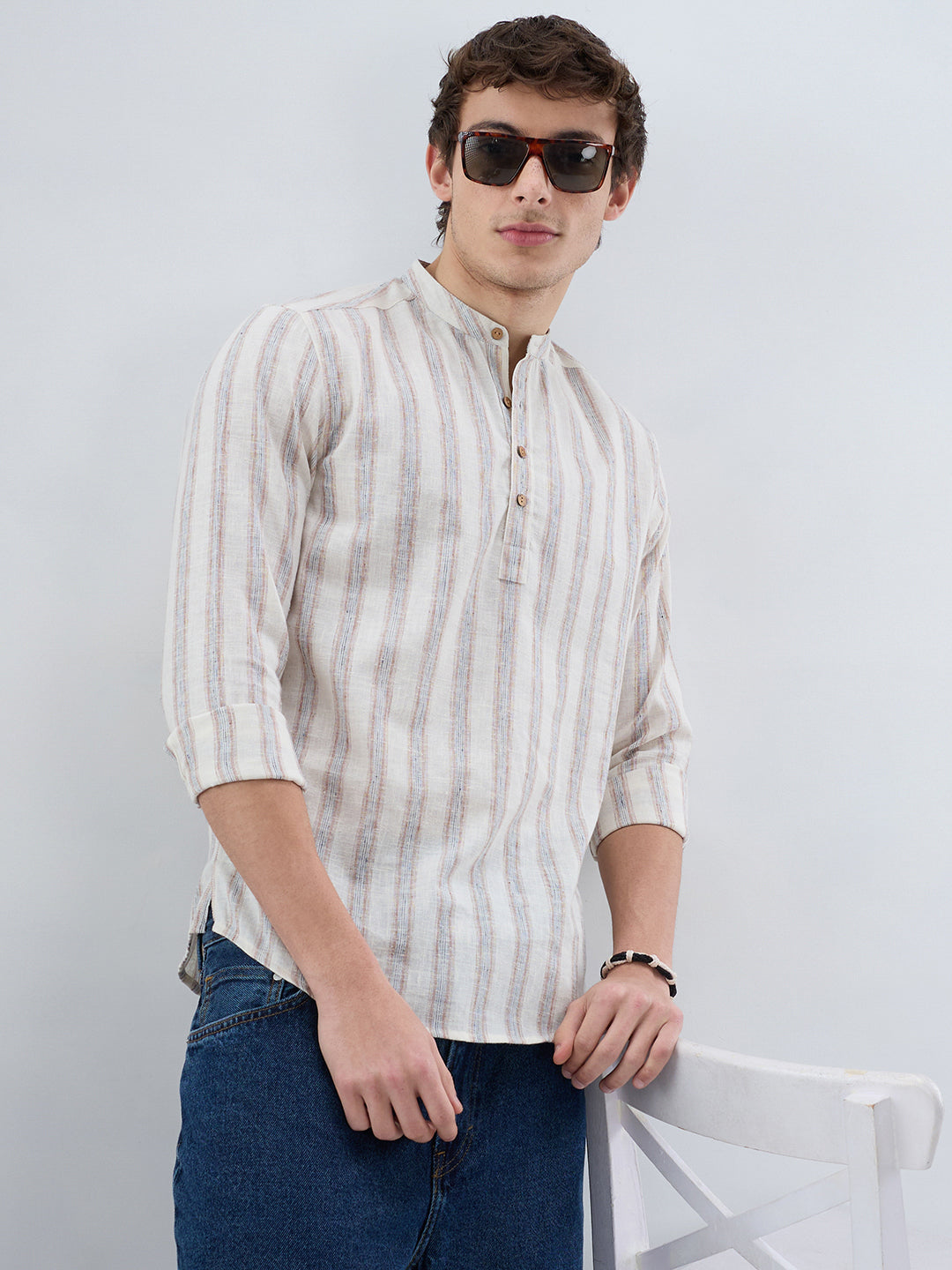 Ivory Multi Line Vertical Striped Kurta