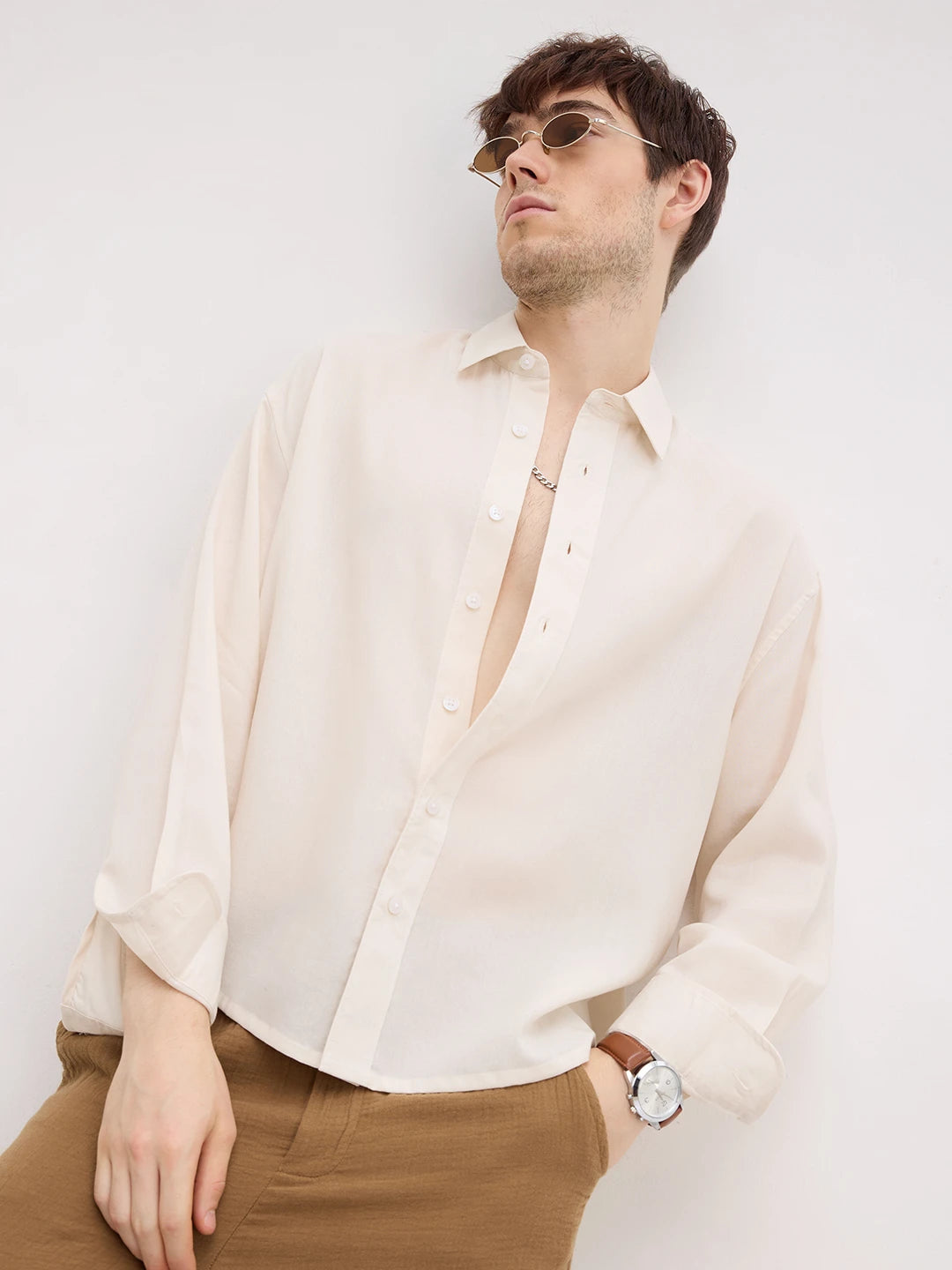 Classic Bisque Beige Boxy Fit Crop Shirt