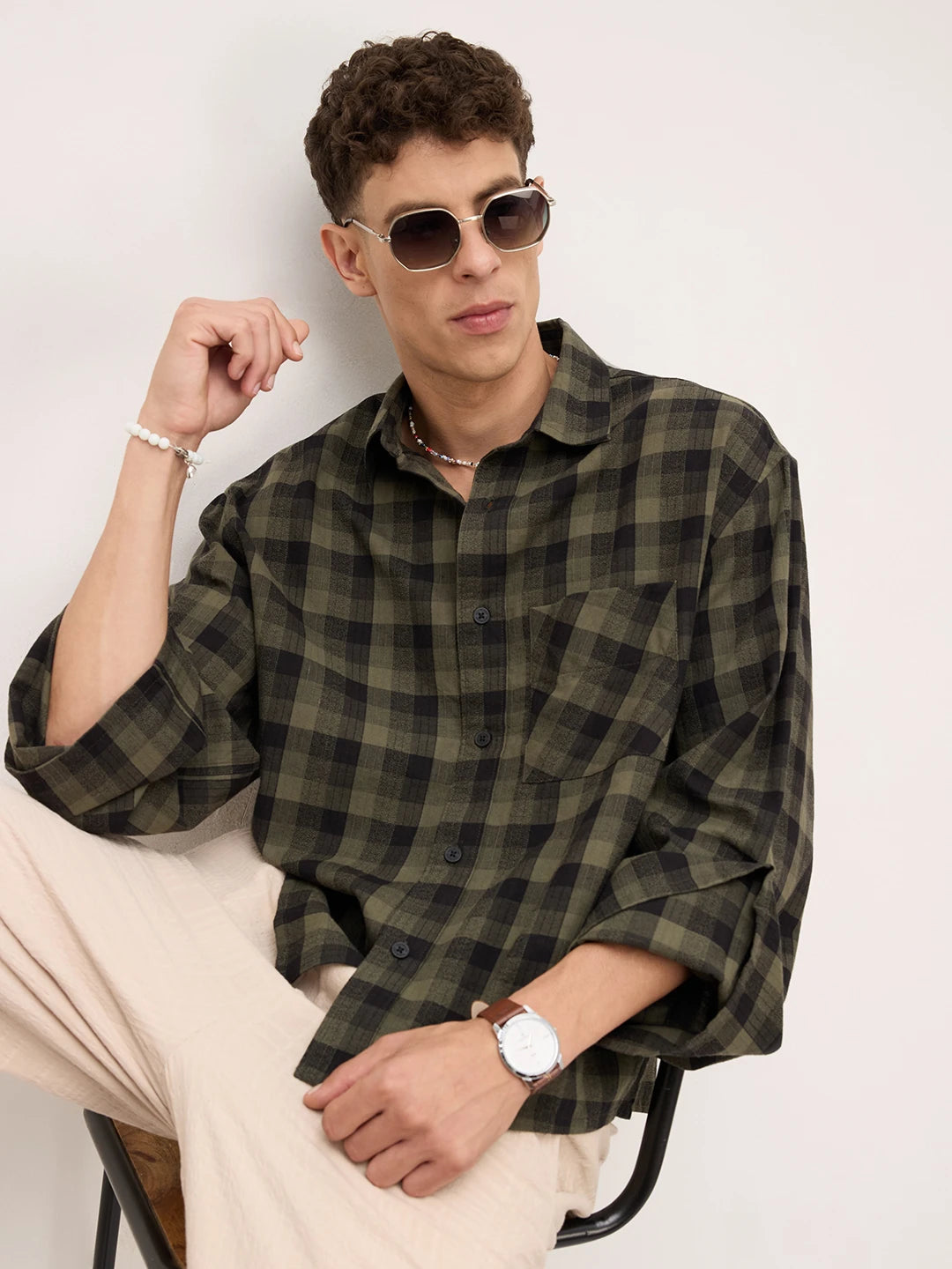 Luxe Green & Black Square Checks Cuffless Oversized Crop Shirt