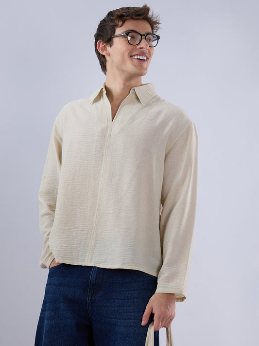 Sand Beige Crinkled Center Seam Oversized Polo Shirt