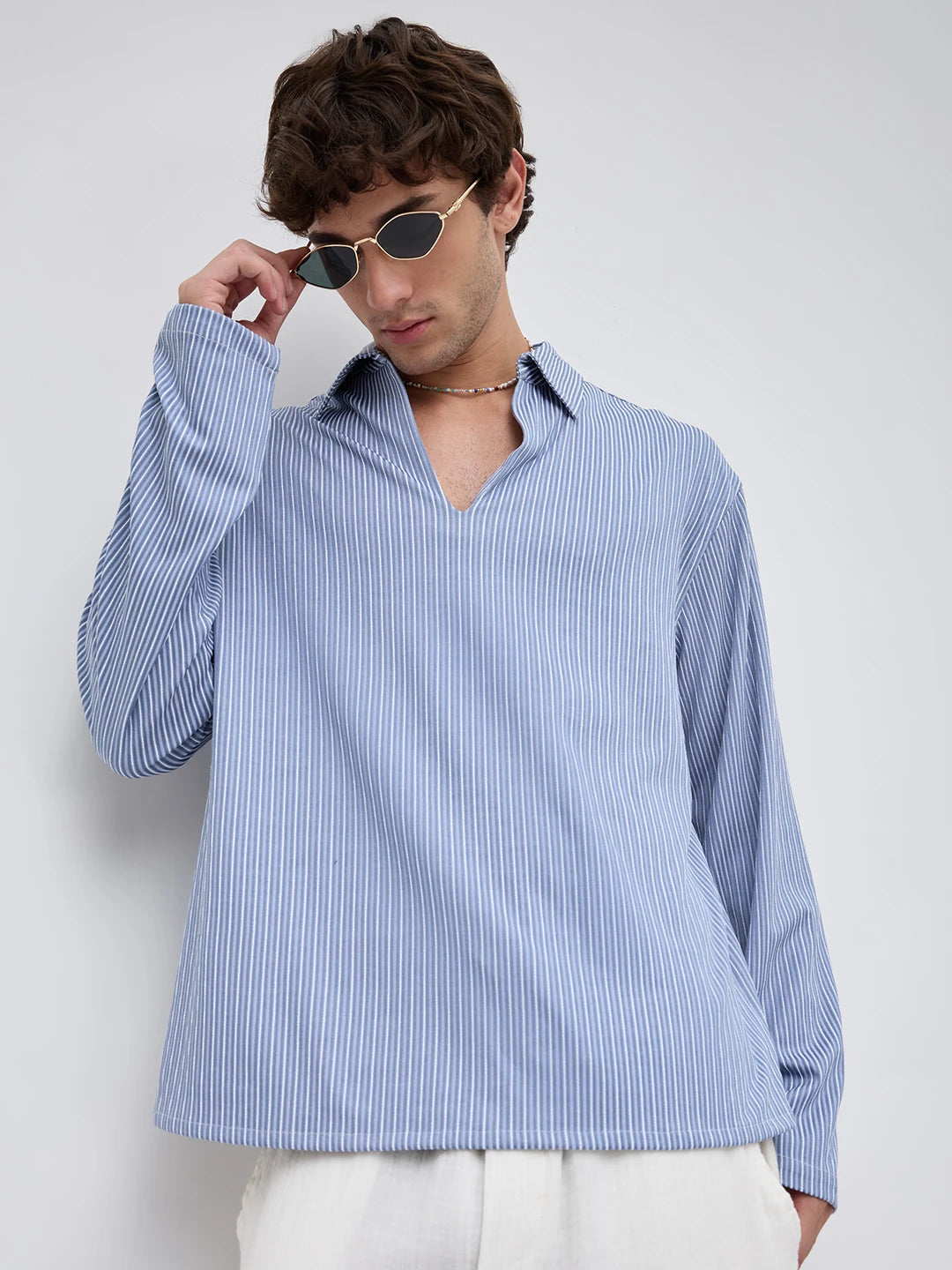 Classic Slate Blue Rib Striped Oversized Polo Shirt