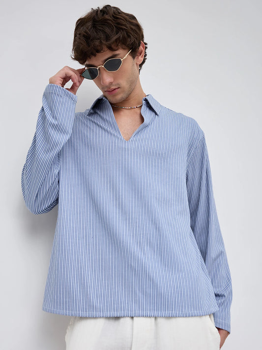 Classic Slate Blue Rib Striped Knitted Oversized Polo Shirt
