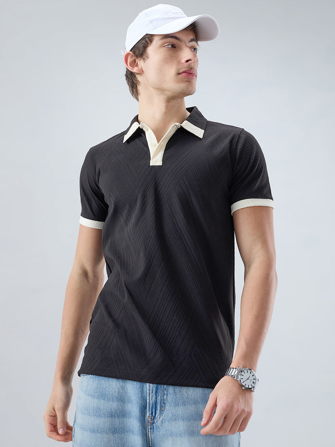 Black Chevron Contrast Polo Neck Knit T-shirt