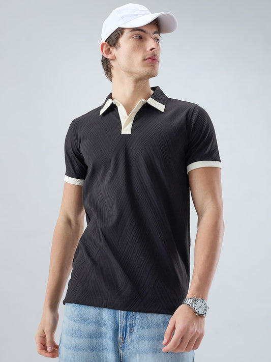 Black Chevron Contrast Polo Neck Knit T-shirt