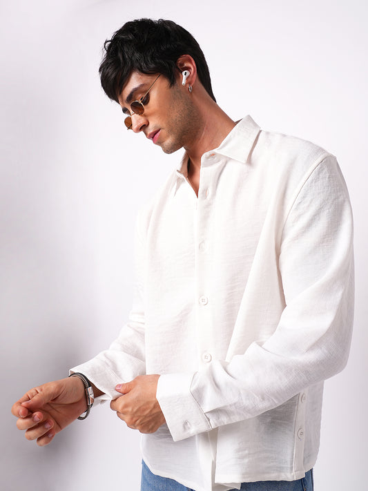 Snow White Crinkled Side-Slit Oversized Crop Shirt