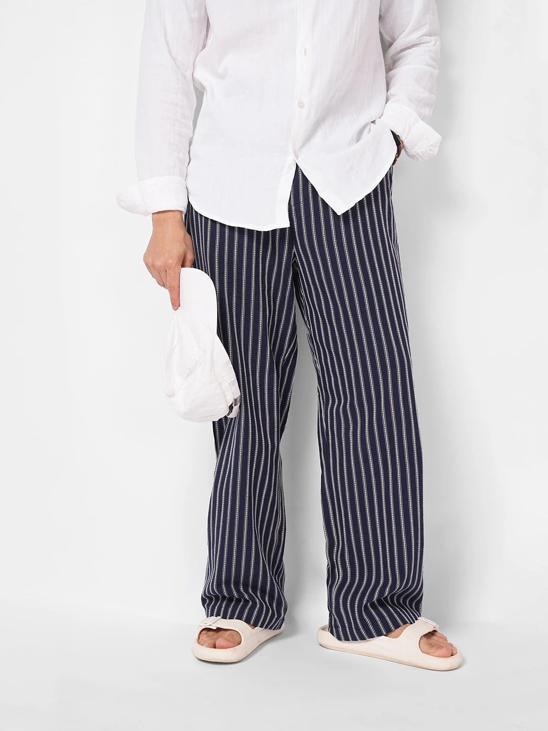 Navy Artisan Fine Embroidered Seersucker Striped Straight Fit Trousers