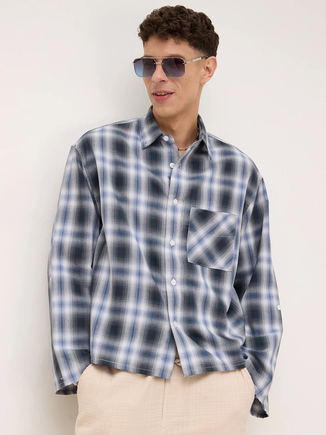 Opulent Slate Blue Plaid Checks Cuffless Boxy Fit Crop Shirt