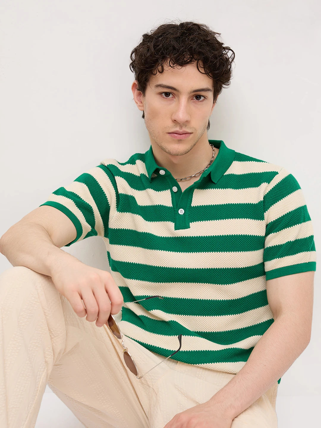 Emerald Green Coast Striped Flat Knit Polo T-Shirt