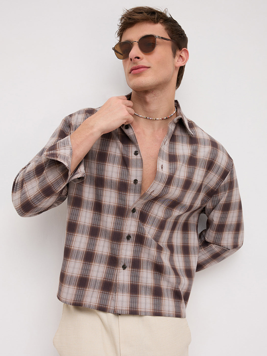 Coffee Haze Plaid Checks Boxy Fit Crop Shirt