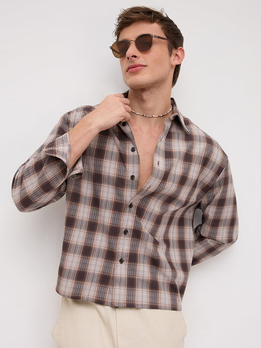 Coffee Haze Plaid Checks Boxy Fit Crop Shirt