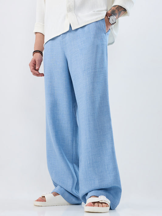 Vivid Sky Blue Slub Textured Wide-Leg Trousers