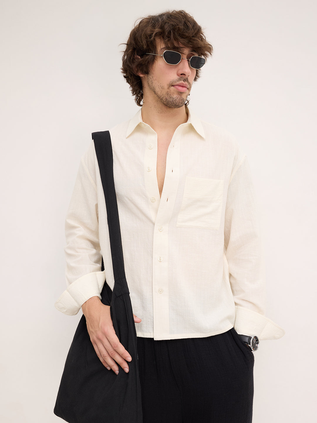 Spanish Cream Fine Striped Textured Boxy Fit Crop Shirt