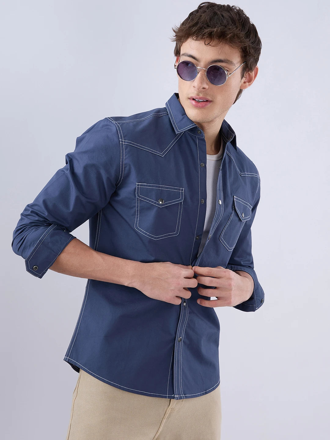 Deep Sea Blue Contrast Stitch Twin Pocket Overshirt