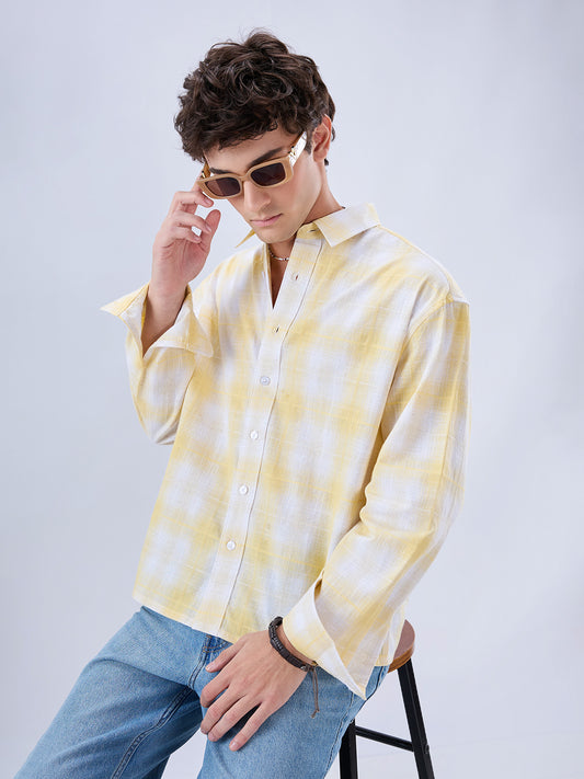 Sun Yellow Slub Grid Checks Boxy Fit Crop Shirt