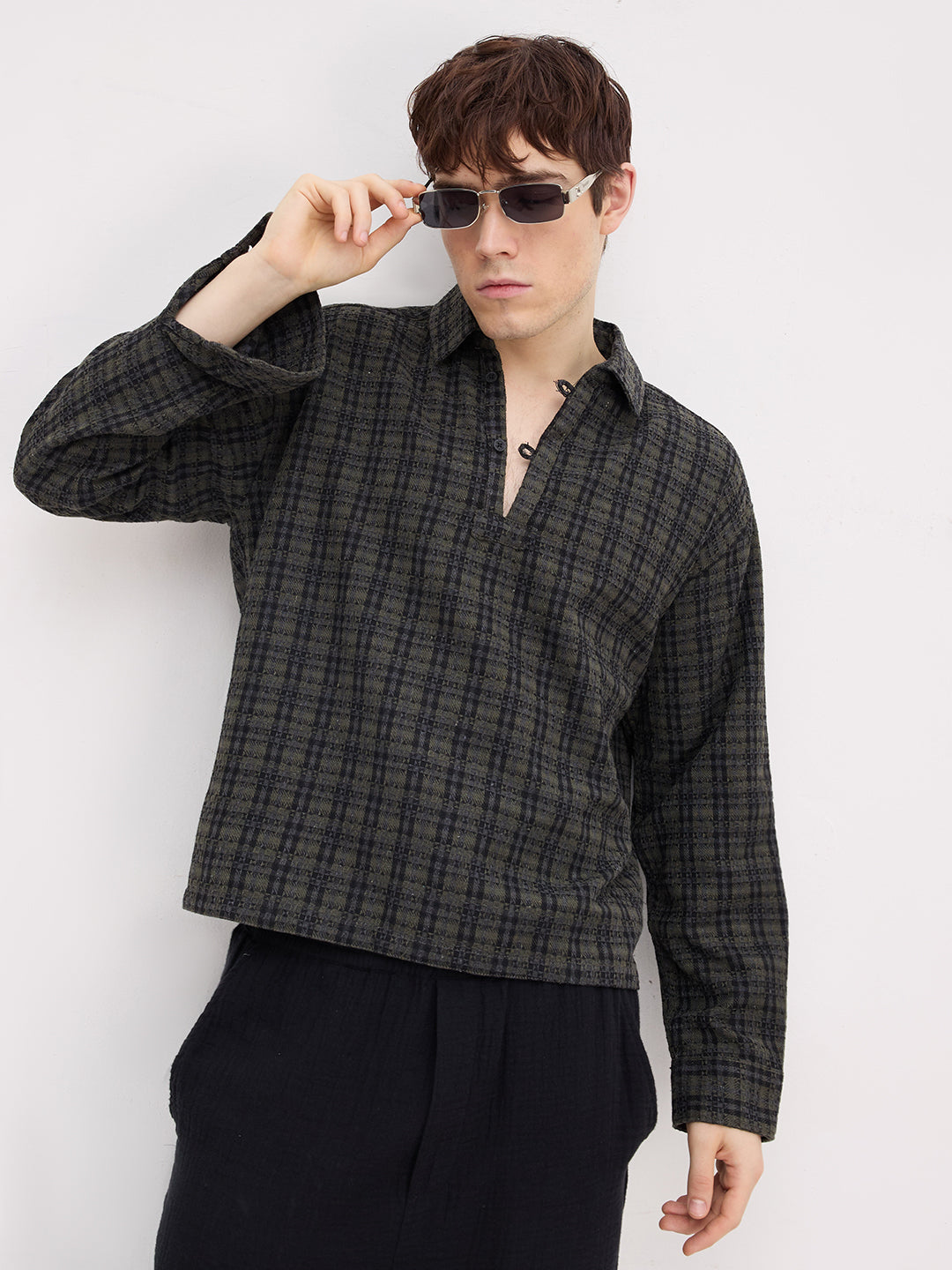 Refined Onyx Black Diamond Weave Loop Button Oversized Flannel Shirt
