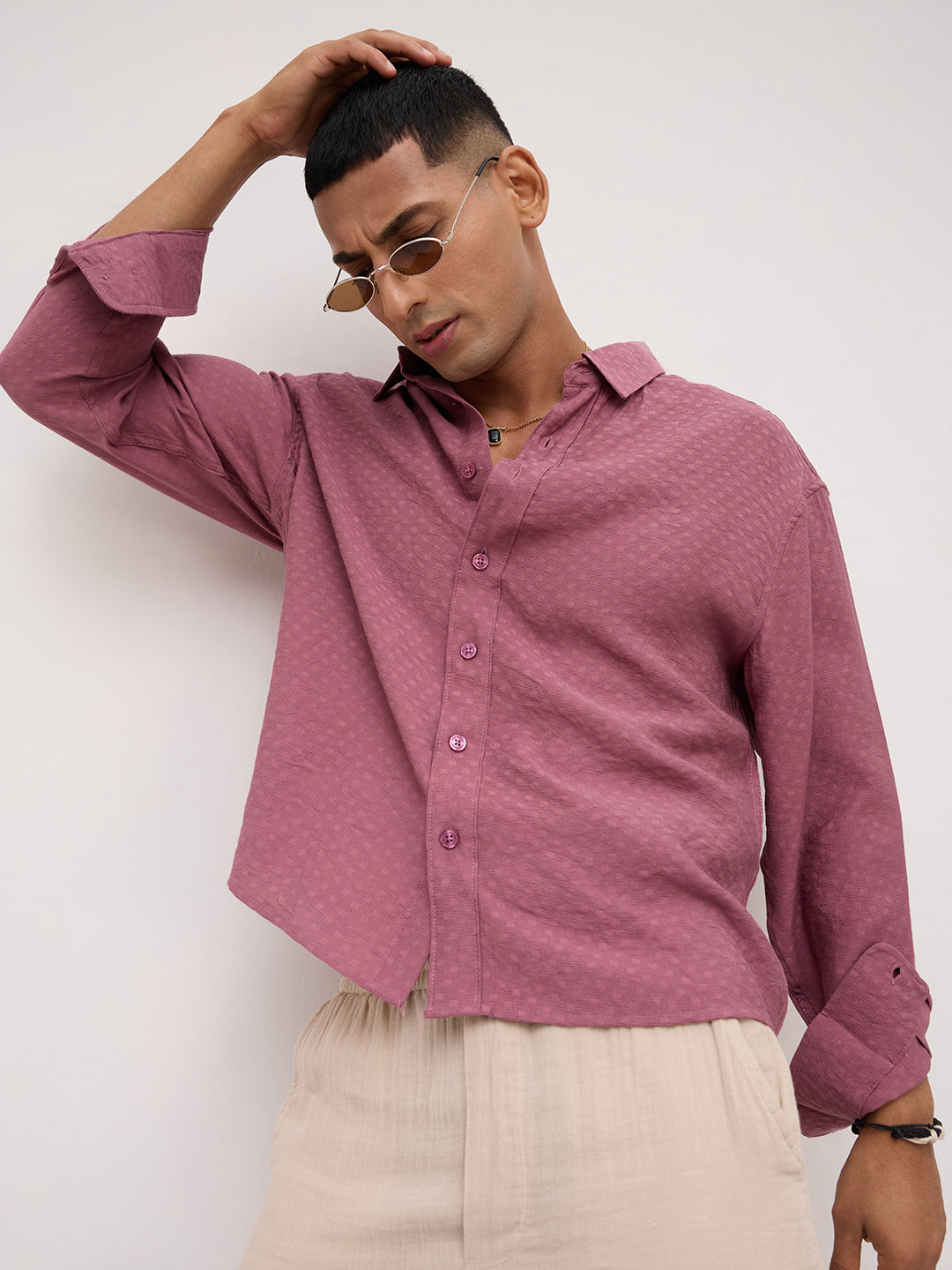 Rosewood Pink Dot Textured Boxy Fit Crop Shirt