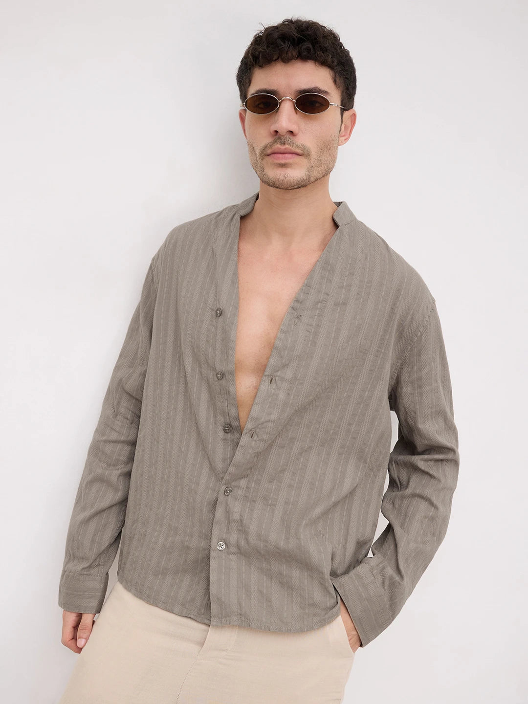 Detailed Olive Striped Stand Collar Oversized Shirt
