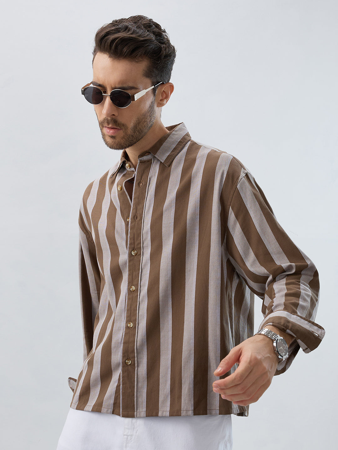 Mud Brown Bold Striped Boxy Fit Crop Shirt
