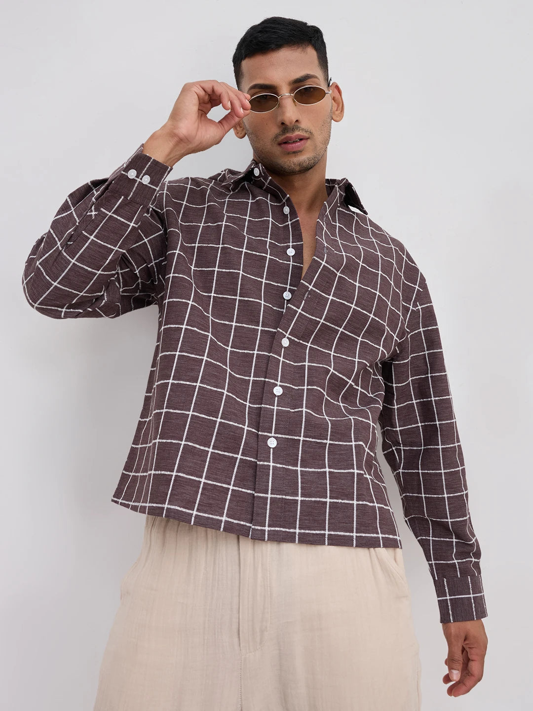 Espresso Brown Contrast Square Checks Boxy Fit Crop Shirt