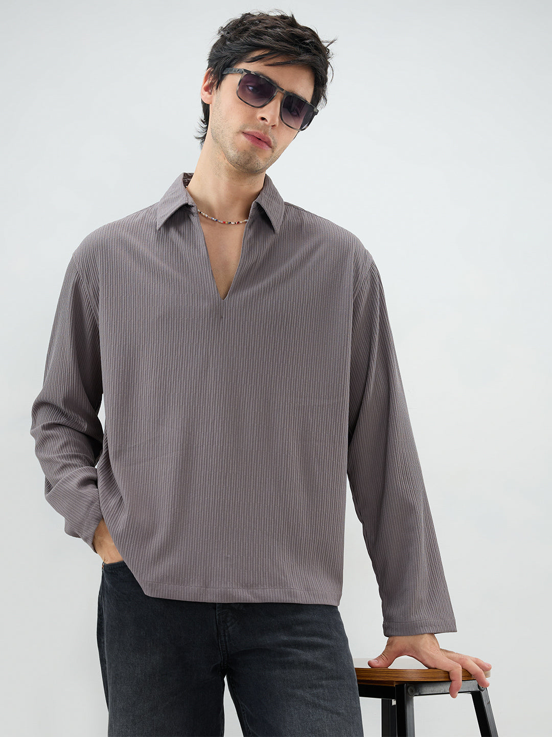 Graphite Grey Precision Rib Striped Oversized Polo Knitted Shirt