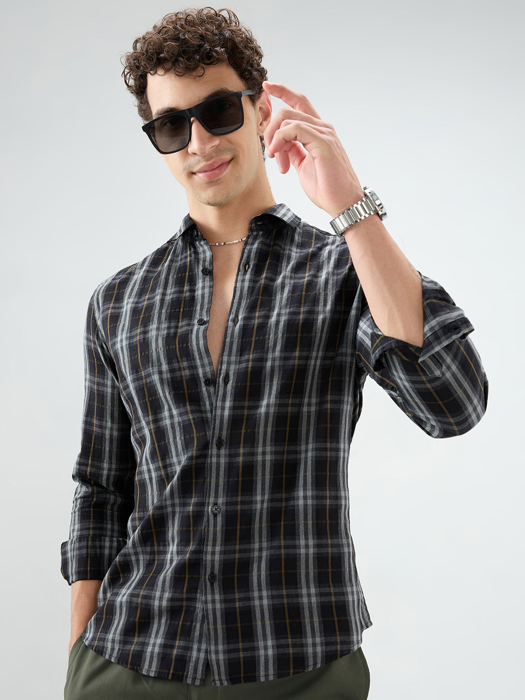 Rich Black Contrast Windowpane Checks Shirt