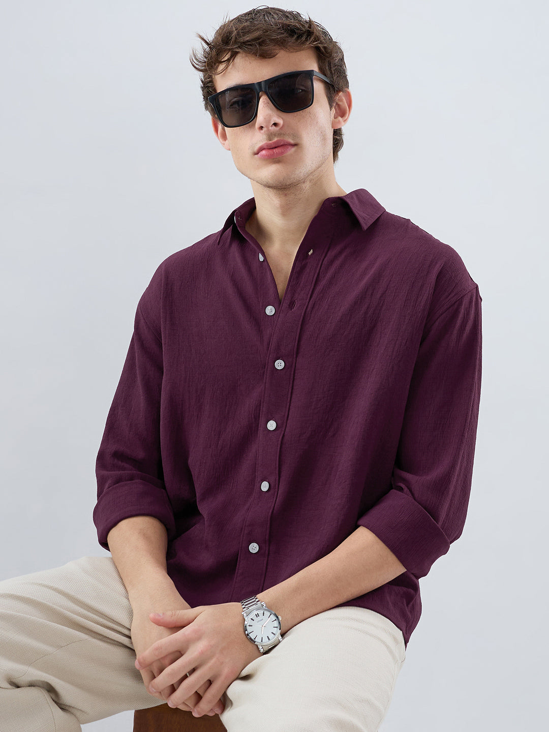 Deep Maroon Soft Crush Fine Grid Textured Boxy Fit Crop Shirt