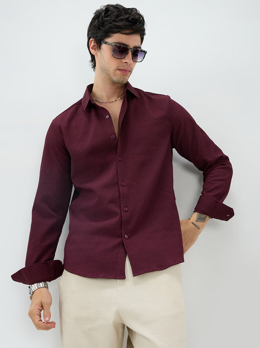 Deep Wine Minimal Weave Crinkled Shirt
