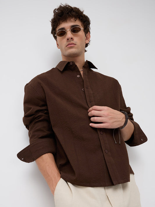 Espresso Brown Seersucker Boxy Fit Crop Shirt