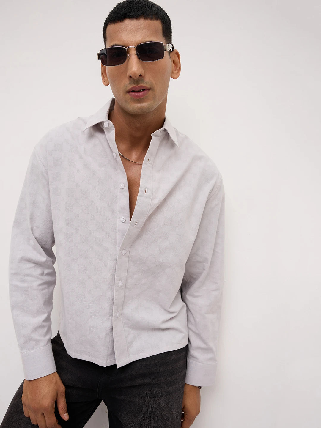 Luxe Grey Square Embossed Boxy Fit Crop Shirt