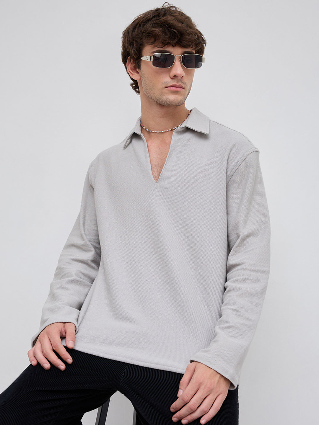 Grey Honeycomb Textured Knitted Oversized Polo Shirt