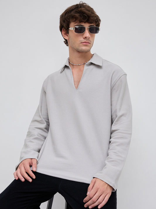 Grey Honeycomb Textured Knitted Oversized Polo Shirt