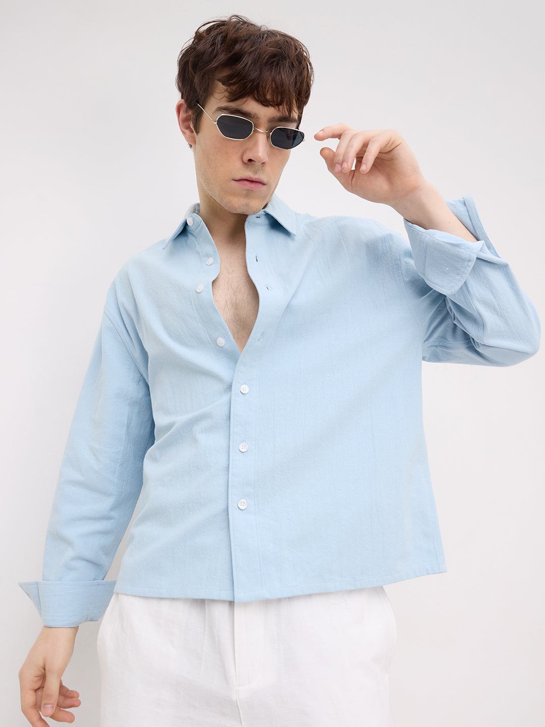 Refreshing Aqua Blue Solid Boxy Fit Crop Shirt