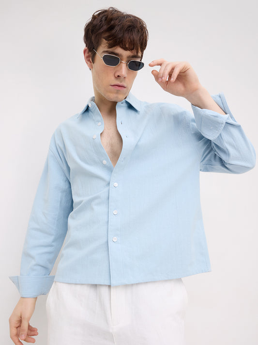 Refreshing Aqua Blue Solid Boxy Fit Crop Shirt