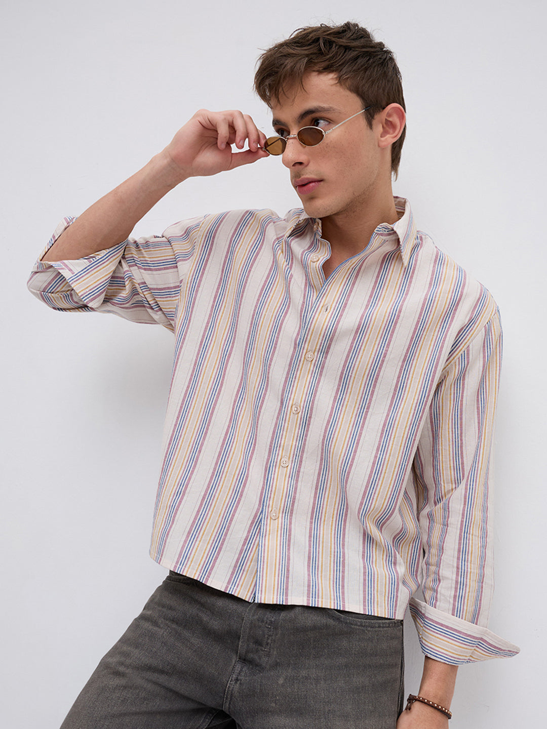 Ornate Multicolor Striped Linen Blend Boxy Fit Crop Shirt
