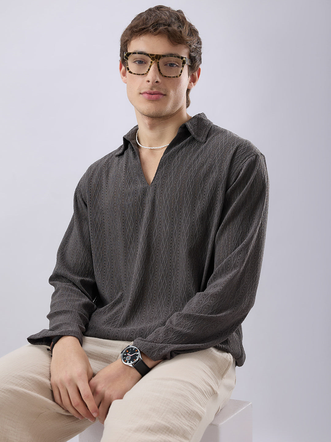 Dark Grey Textured Crochet Polo Oversized Shirt