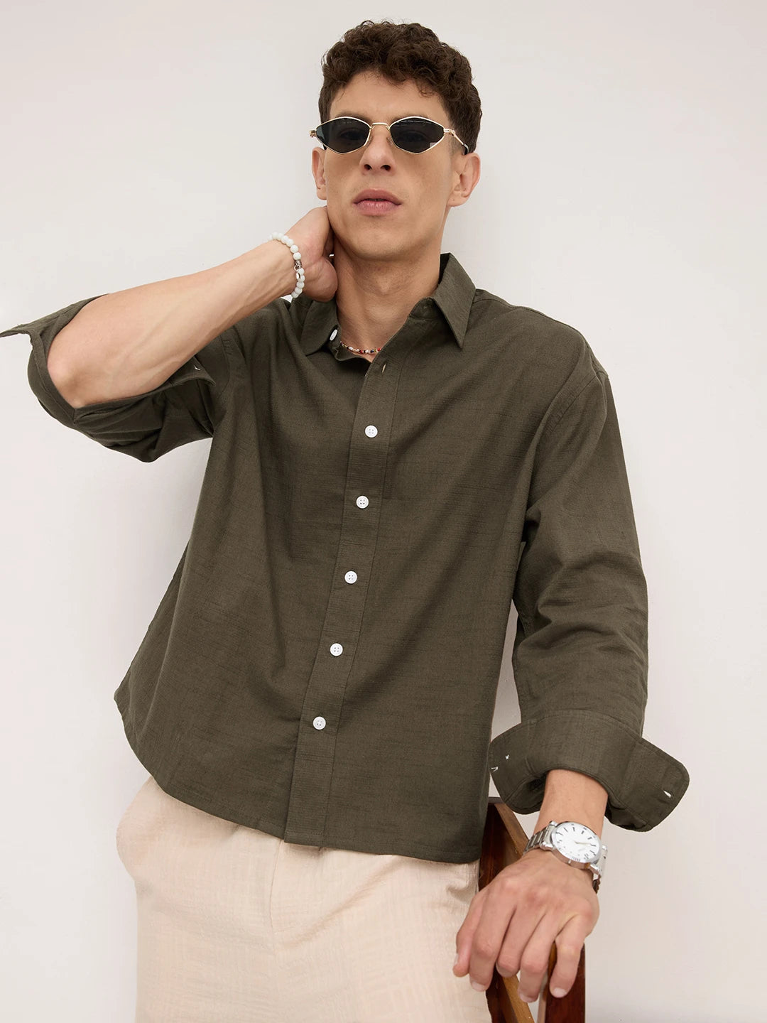 Refined Olive Micro Square Textured Boxy Fit Crop Shirt