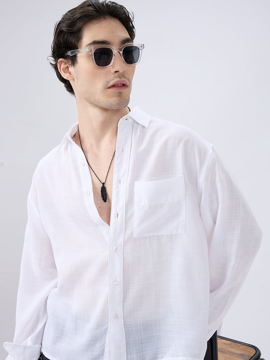 Pearl White Subtle Textured Boxy Fit Crop Shirt