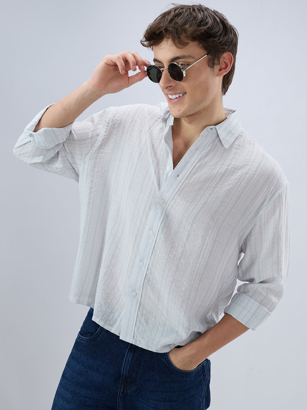 Elegant Cloud Grey Airstripe Crinkled Boxy Fit Crop Shirt