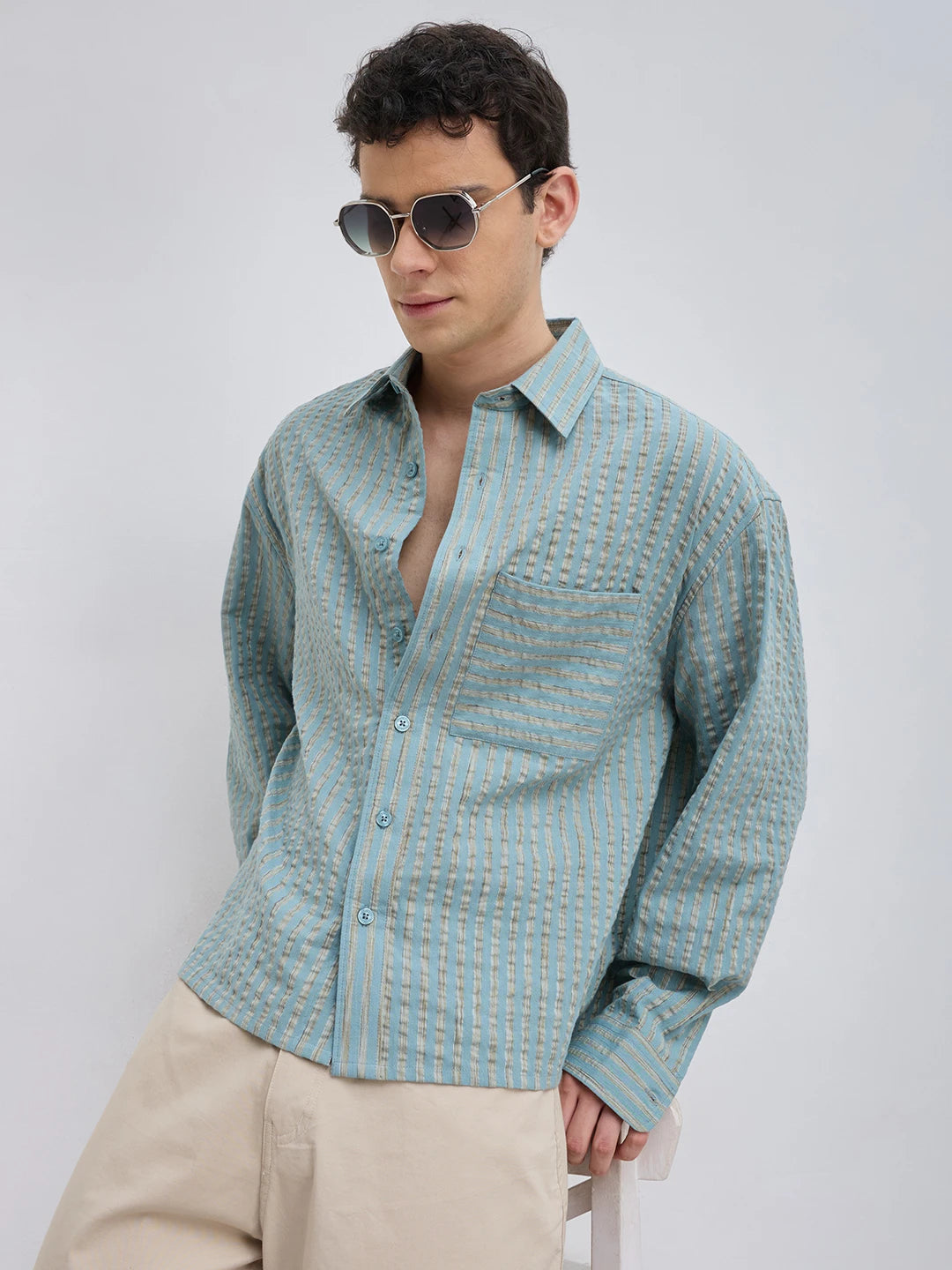 Sea Green Seersucker Candy Striped Boxy Fit Crop Shirt