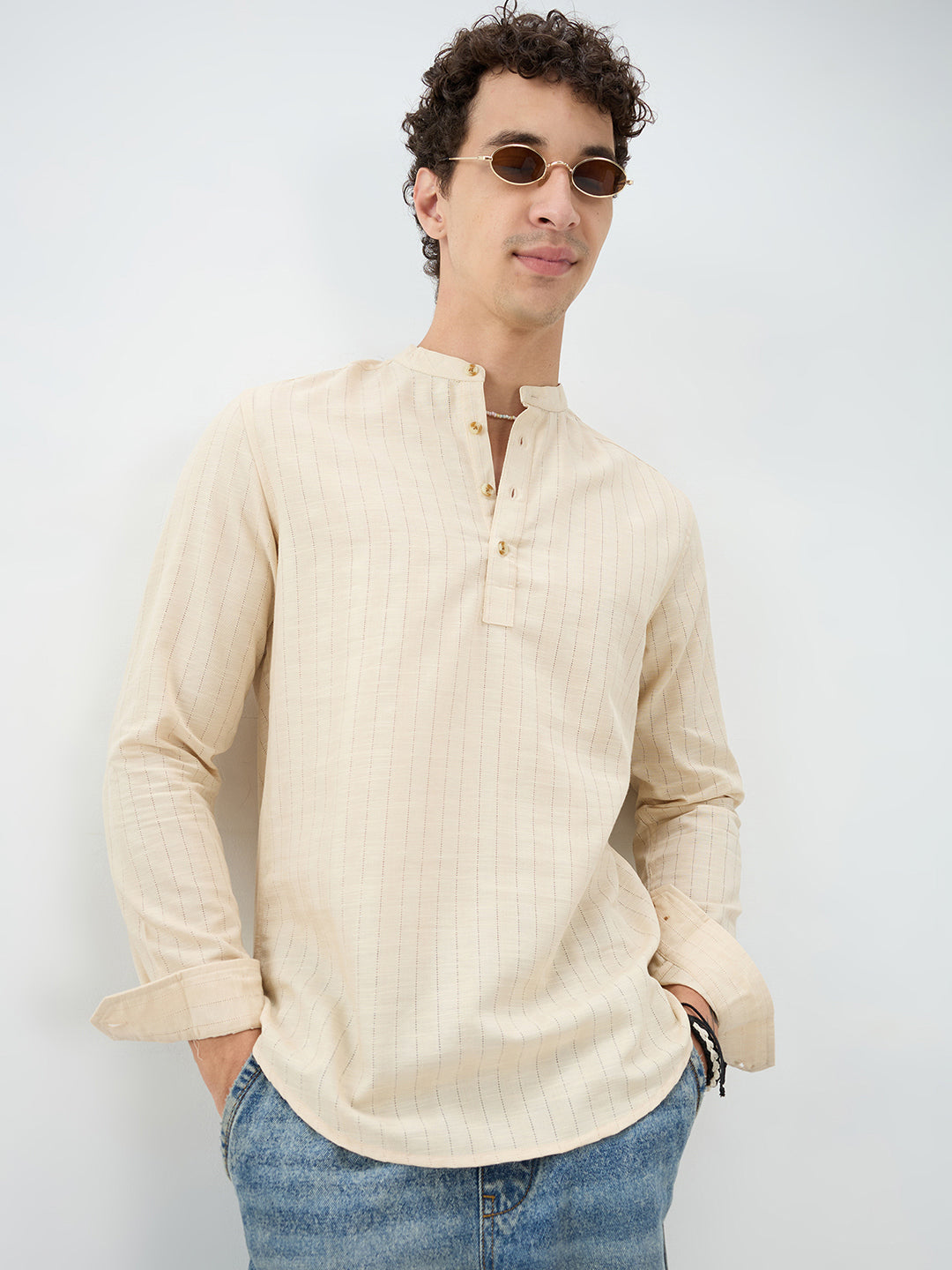 Soft Beige Ladder Striped Evening Kurta