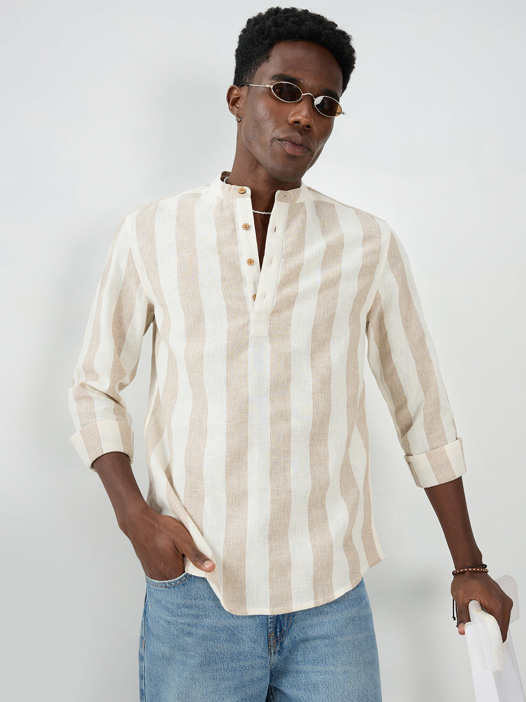 Beige & Ivory Striped Jacquard Kurta