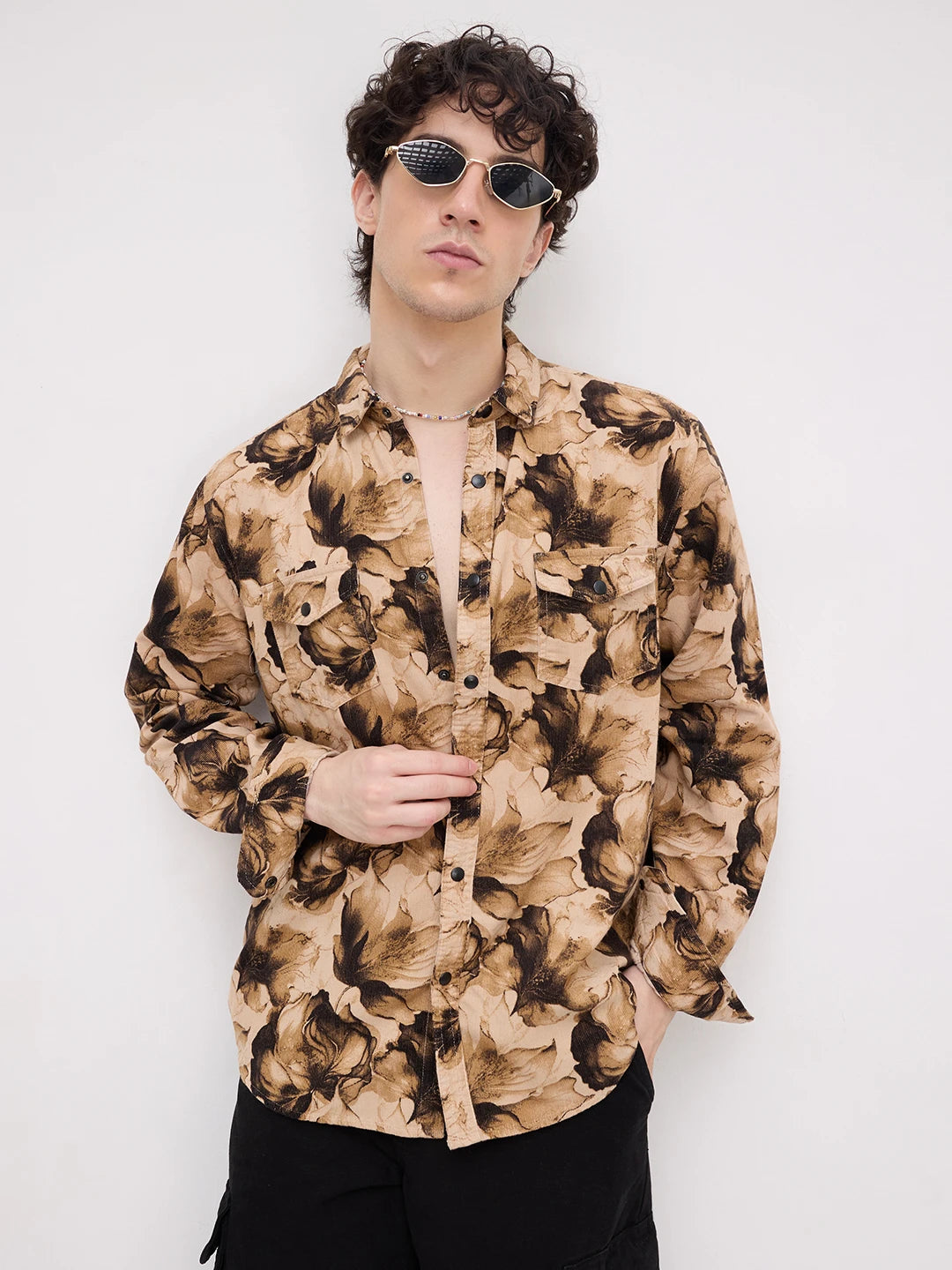 Rustic Beige Botanical Printed Double Pocket Corduroy Shirt