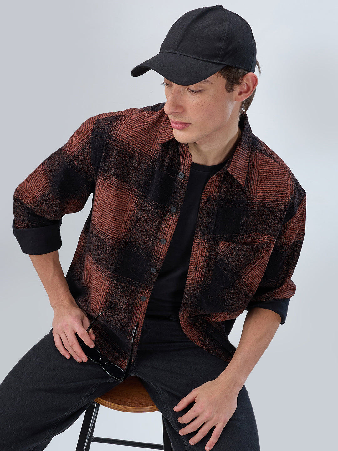 Peach & Black Static Brushed Corduroy Boxy Fit Crop Overshirt